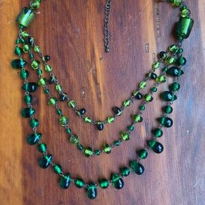 Vintage Multi Strand Green Glass Bead Necklace Boho Statement Mid Century